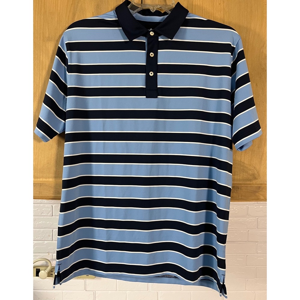 VUGA Polo Shirt Mens Large Blue Striped Excellent Short Sleeve Golf Top‎